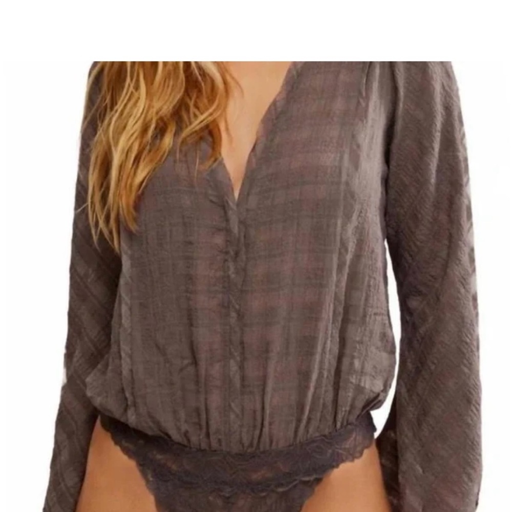 FREE PEOPLE Everythings Rosy Solid Bodysuit / Dark Gull Grey - Picture 2 of 9
